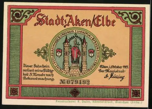 Notgeld Aken /Elbe 1921, 50 Pfennig, Biber, Wappen