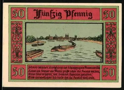 Notgeld Aken /Elbe 1921, 50 Pfennig, Ortsansicht mit Lastkähnen, Wappen