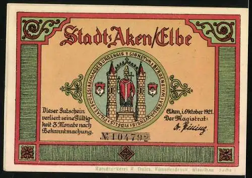 Notgeld Aken /Elbe 1921, 50 Pfennig, Ortsansicht mit Lastkähnen, Wappen