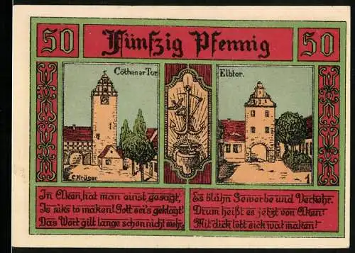 Notgeld Aken /Elbe 1921, 50 Pfennig, Cöthener Tor, Elbtor, Wappen