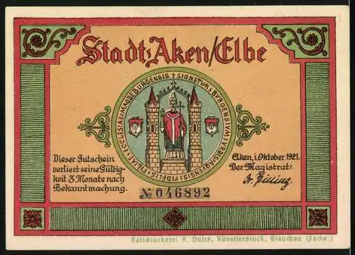 Notgeld Aken /Elbe 1921, 50 Pfennig, Cöthener Tor, Elbtor, Wappen