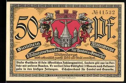 Notgeld Wittenberge, 50 Pfennig, Wappen, Rathaus