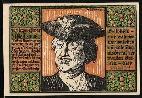 Notgeld Oranienbaum 1921, 50 Pfennig, Fürst Leopold v. Anhalt