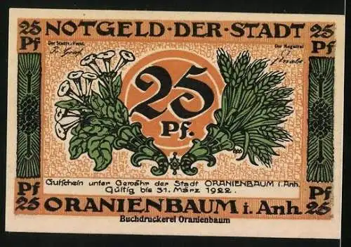 Notgeld Oranienbaum i. Anh. 1922, 25 Pfennig, Rathaus