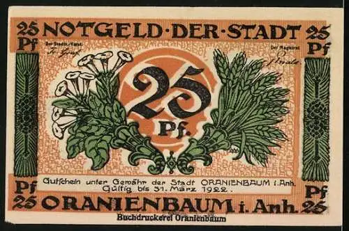 Notgeld Oranienbaum i. Anh. 1922, 25 Pfennig, Orangerie