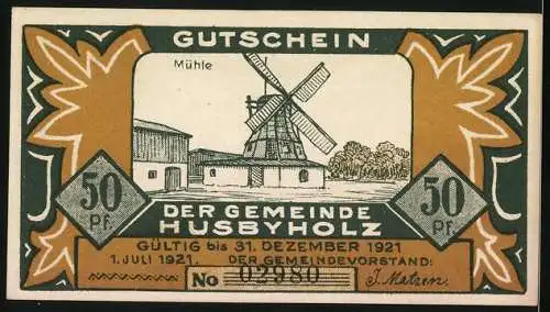 Notgeld Husbyholz 1921, 50 Pfennig, Mühle
