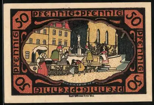 Notgeld Pössneck, 50 Pfennig, Marktplatz, Wappen