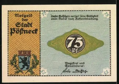 Notgeld Pössneck, 75 Pfennig, Ortsansicht, Wappen