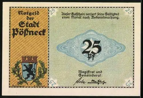 Notgeld Pössneck, 25 Pfennig, Rotationsdruckmaschine, Wappen