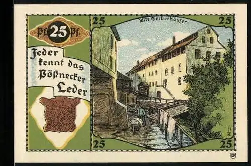 Notgeld Pössneck, 25 Pfennig, Alte Gerberhäuser, Wappen