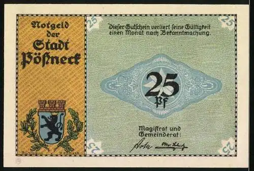 Notgeld Pössneck, 25 Pfennig, Alte Gerberhäuser, Wappen