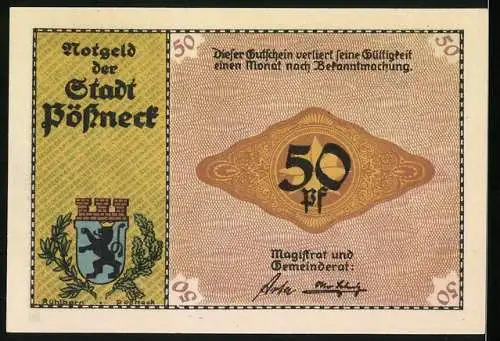 Notgeld Pössneck, 50 Pfennig, Kakaomühlen, Wappen
