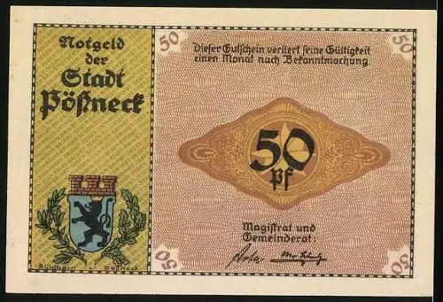 Notgeld Pössneck, 50 Pfennig, Setzerei, Wappen