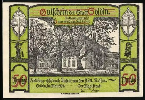 Notgeld Soldin 1921, 50 Pfennig, Rathaus, Wappen