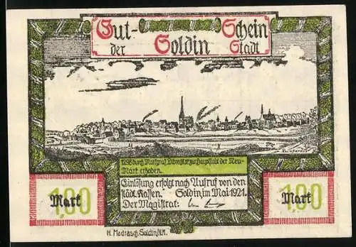 Notgeld Soldin 1921, 1 Mark, Ortsansicht, Burg auf dem Domweinberg