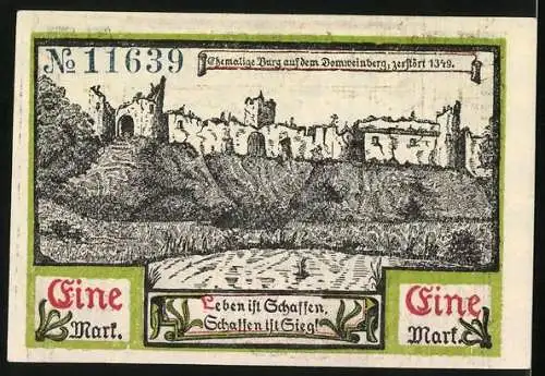 Notgeld Soldin 1921, 1 Mark, Ortsansicht, Burg auf dem Domweinberg