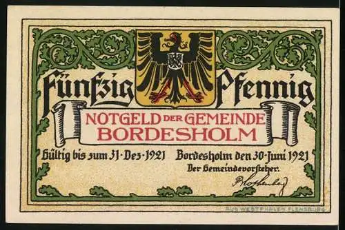 Notgeld Bordesholm 1921, 50 Pfennig, Grosser Baum, Wappen