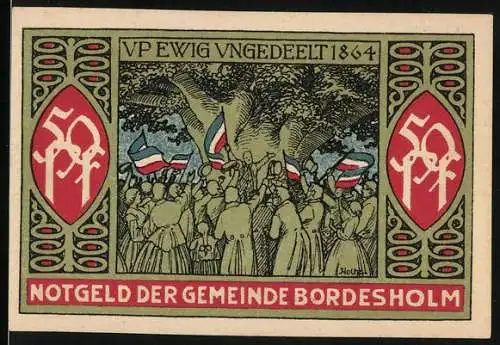 Notgeld Bordesholm 1921, 50 Pfennig, Menschen schwenken Fahnen, Wappen