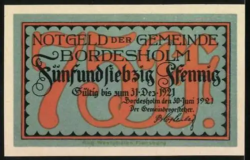 Notgeld Bordesholm 1921, 75 Pfennig, Mönch beim Angeln