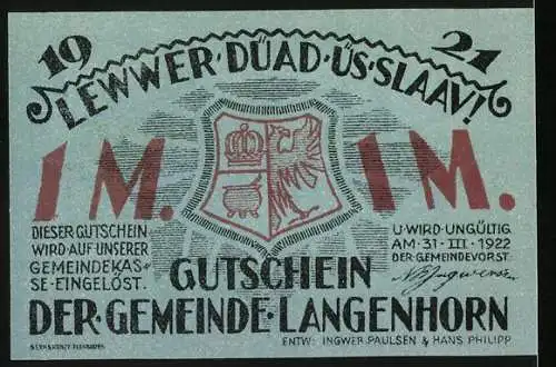 Notgeld Langenhorn 1921, 1 Mark, Ortspartie, Wappen