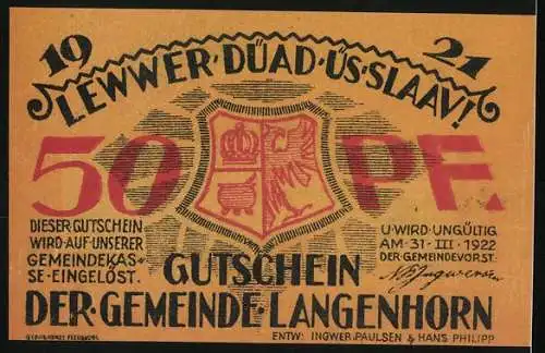 Notgeld Langenhorn 1921, 50 Pfennig, Häuser mit Feldern, Wappen