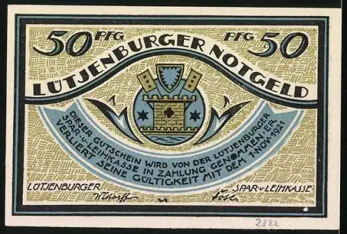 Notgeld Lütjenburg 1921, 50 Pfennig, Die Dänen kommen, Wappen