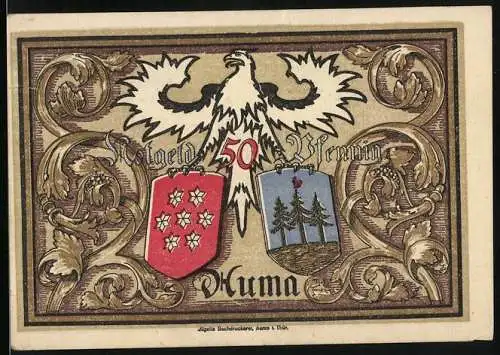Notgeld Auma 1921, 50 Pfennig, Wappen, Kirche