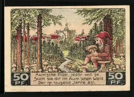 Notgeld Auma 1921, 50 Pfennig, Zwerg mit Pilzen