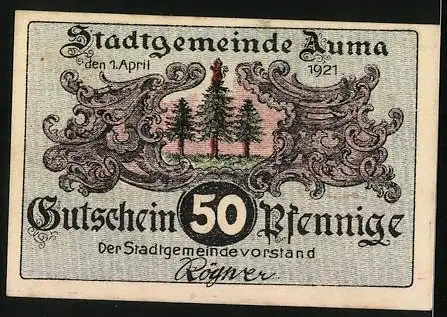 Notgeld Auma 1921, 50 Pfennig, Zwerg mit Pilzen