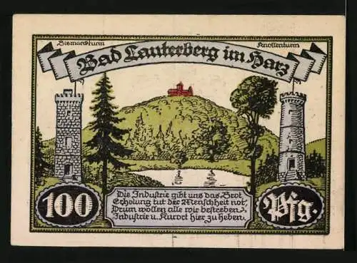 Notgeld Bad Lauterberg im Harz 1921, 100 Pfennig, Wappen, Bismarckturm, Knollenturm