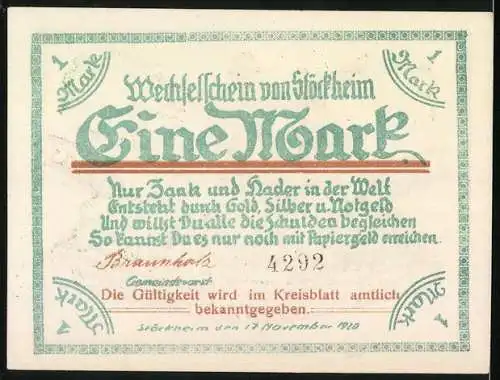 Notgeld Stöckheim 1920, 1 Mark, Drei Männer verbünden sich