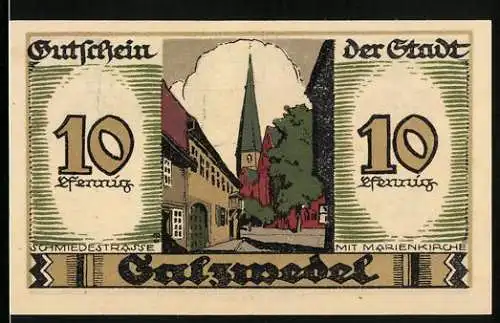 Notgeld Salzwedel 1921, 10 Pfennig, Schmiedestrasse mit Marienkirche, Wappen