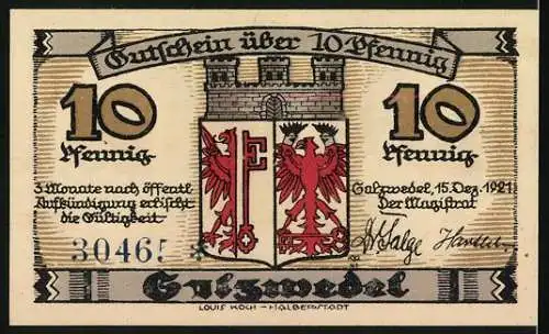 Notgeld Salzwedel 1921, 10 Pfennig, Schmiedestrasse mit Marienkirche, Wappen