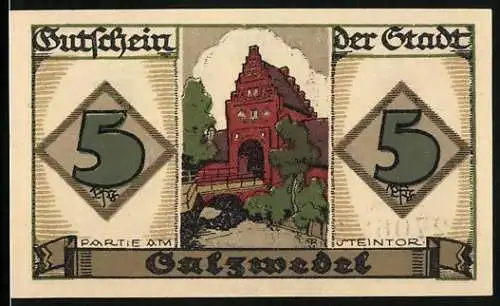 Notgeld Salzwedel 1921, 5 Pfennig, Partie am Steintor, Wappen