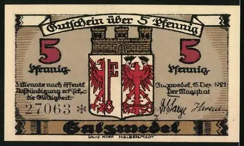 Notgeld Salzwedel 1921, 5 Pfennig, Partie am Steintor, Wappen