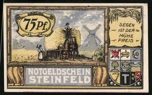 Notgeld Steinfeld 1921, 75 Pfennig, Bauern mit Heuwagen vor Windmühle, Wappen