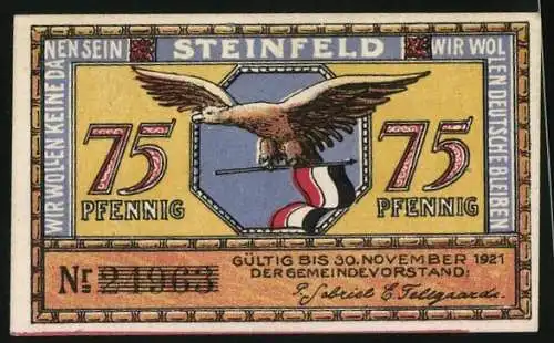 Notgeld Steinfeld 1921, 75 Pfennig, Bauern mit Heuwagen vor Windmühle, Wappen