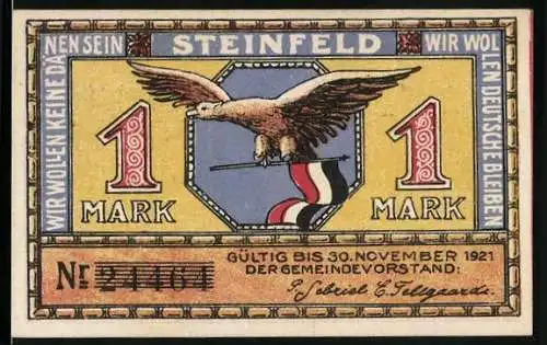 Notgeld Steinfeld 1921, 1 Mark, Adler mit Fahne