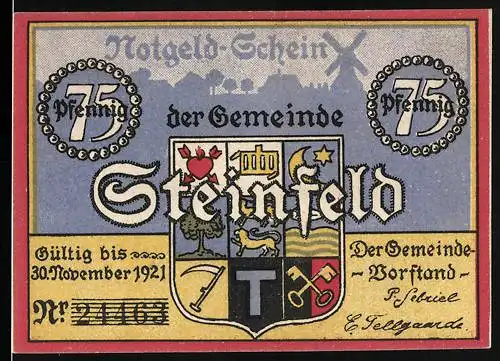 Notgeld Steinfeld 1921, 75 Pfennig, Stadtsilhouette mit Windmühle, Wappen