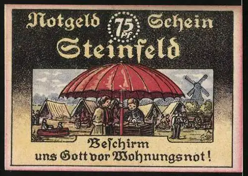 Notgeld Steinfeld 1921, 75 Pfennig, Stadtsilhouette mit Windmühle, Wappen