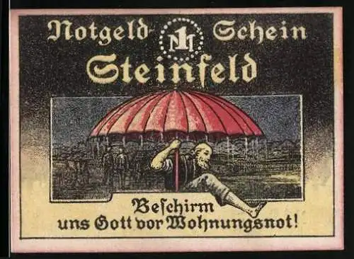 Notgeld Steinfeld 1921, 1 Mark, Mann mit rotem Regenschirm