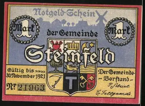 Notgeld Steinfeld 1921, 1 Mark, Mann mit rotem Regenschirm