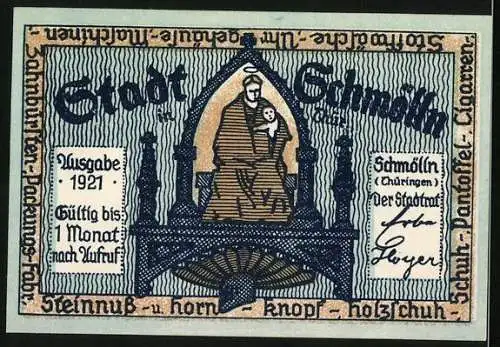 Notgeld Schmölln /Thüringen 1921, 50 Pfennig, Bürgerlmeister mit Buch