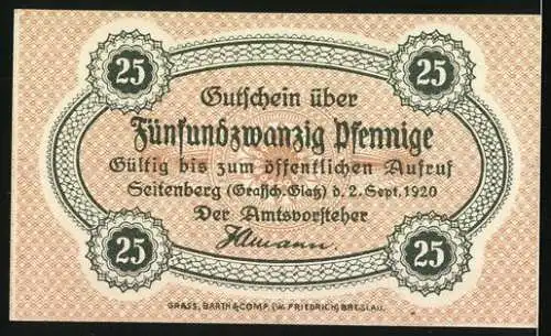 Notgeld Seitenberg /Glatz 1920, 25 Pfennig, Ortspartie mit Turm
