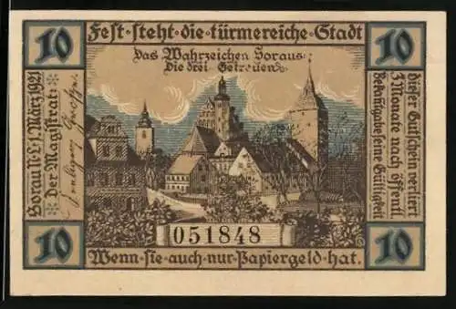 Notgeld Sorau /N.-L., 10 Pfennig, Ortspartie mit Kirche, Wappen