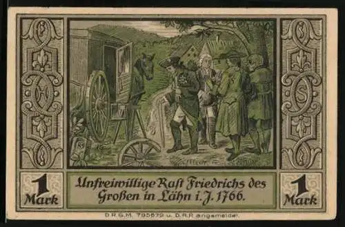 Notgeld Lähn im Riesengeb., 1 Mark, Unfreiwillige Rast Friedrichs des Grossen 1766, Wappen