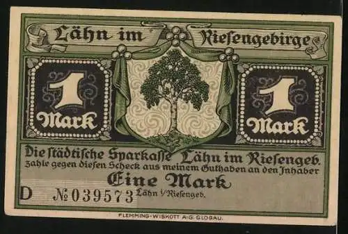 Notgeld Lähn im Riesengeb., 1 Mark, Unfreiwillige Rast Friedrichs des Grossen 1766, Wappen