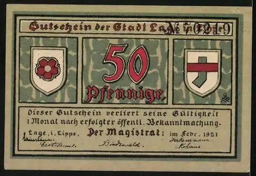 Notgeld Lage i. Lippe 1921, 50 Pfennig, Blick zur Kirche, Wappen