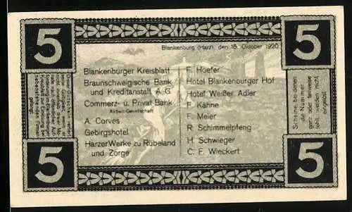 Notgeld Blankenburg a. Harz 1920, 5 Pfennig, Rathaus, Hexe auf Besen