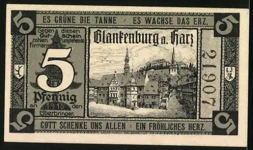 Notgeld Blankenburg a. Harz 1920, 5 Pfennig, Rathaus, Hexe auf Besen